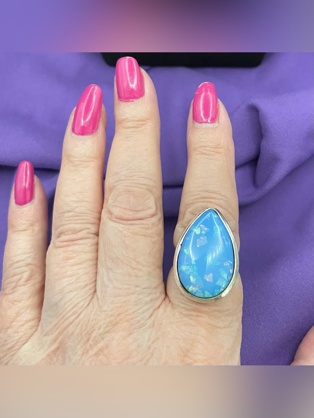 NWOT Handmade 925 SS Large Teardrop Blue Fire Mosaic Opal Ring Sz 8.5 / 9.37 g